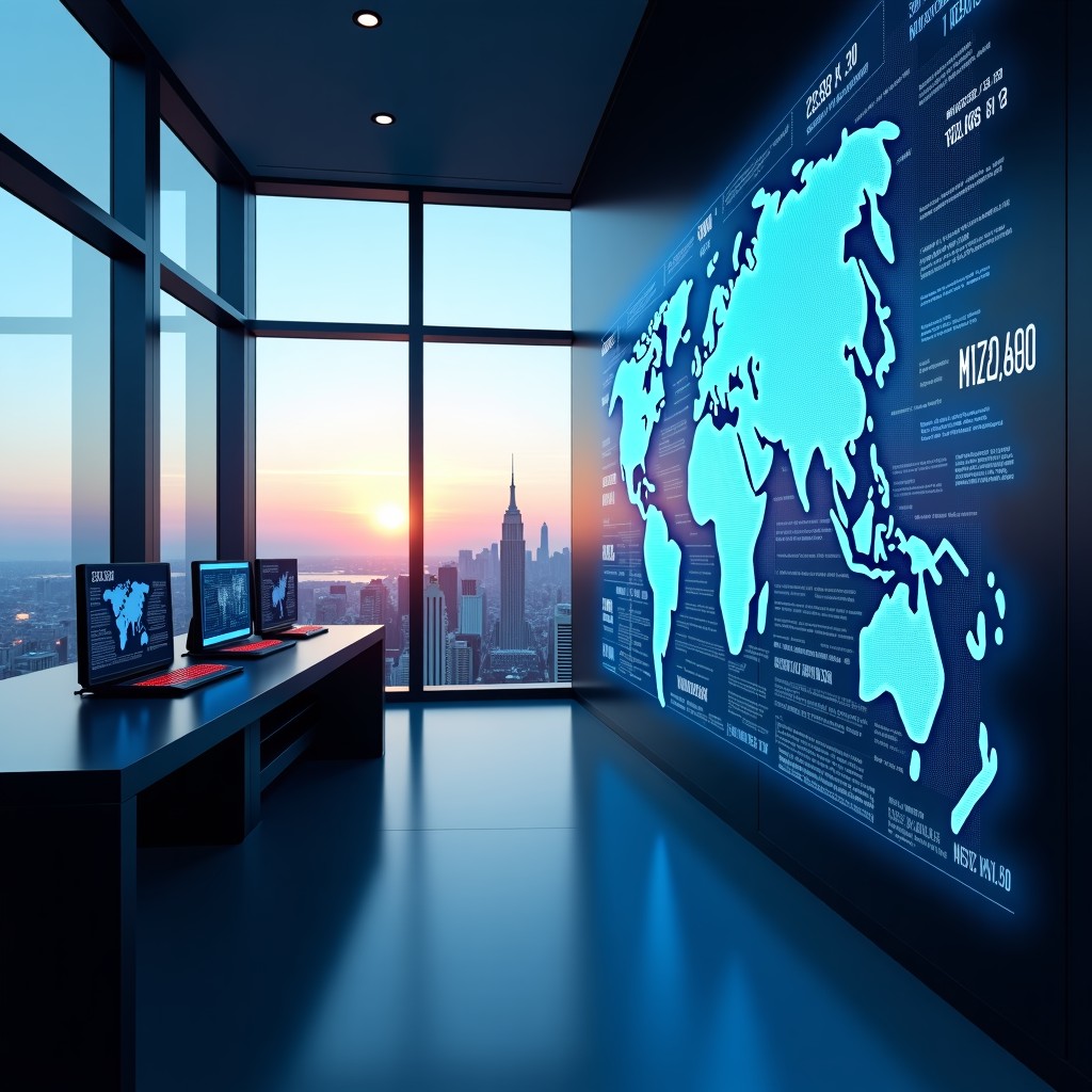 A high-end modern venture capital office interior in a skyscraper overlooking a futuristic city skyline with digital screens displaying global market data and AI neural network patterns, professional and cinematic lighting, 4:3