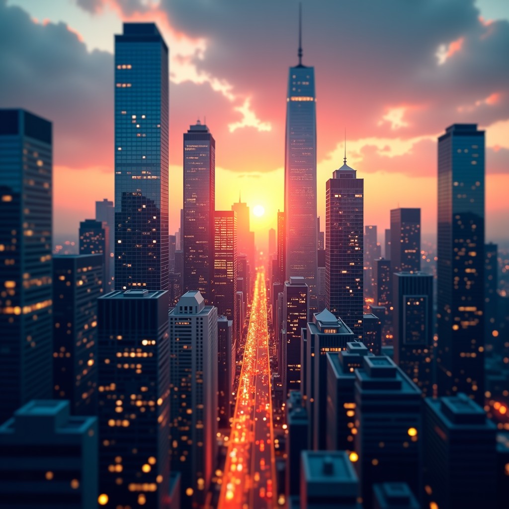 A modern city financial district at sunset with digital circuit overlays on the buildings, representing global investment and technology connection, wide angle, cinematic, 4:3