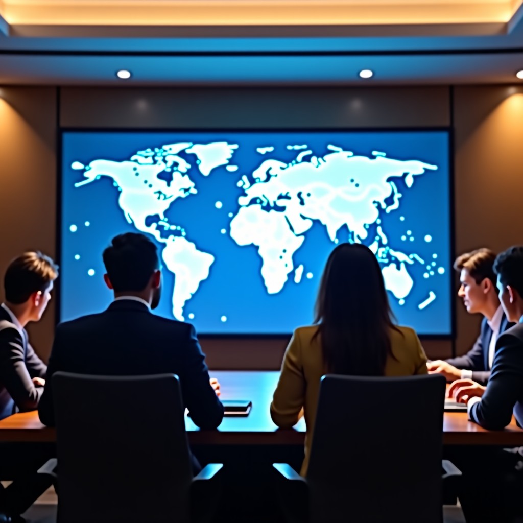 Professional diverse business leaders in a high-end boardroom in Singapore, looking at holographic data projections, sophisticated lighting, warm and professional tone, 4:3