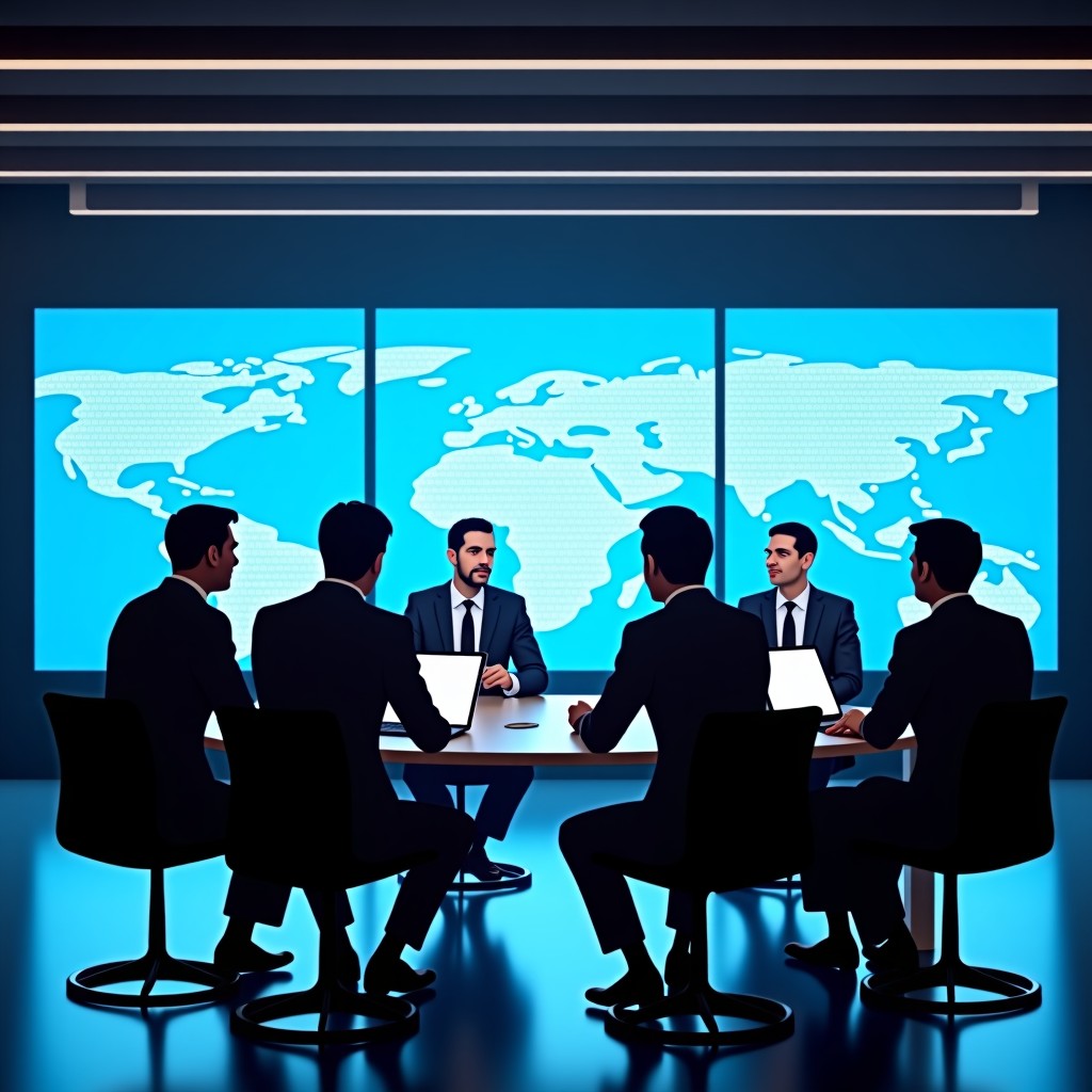 Tech company executives in a modern high-tech boardroom discussing energy strategies, professional setting, 4:3