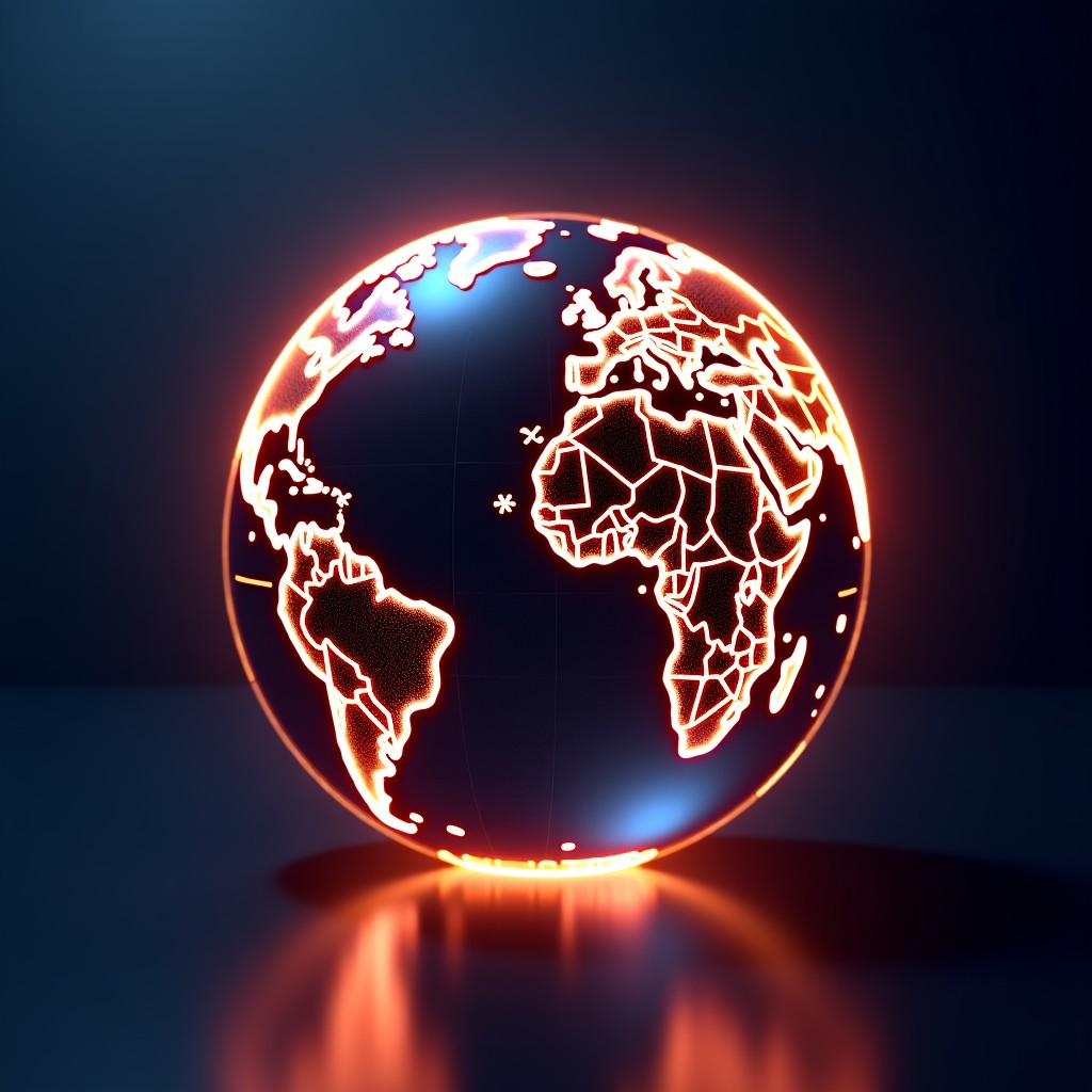 A glowing digital globe with interconnected lines representing global tech partnerships. Sophisticated 3D rendering, dark background with vibrant light streaks. 1:1