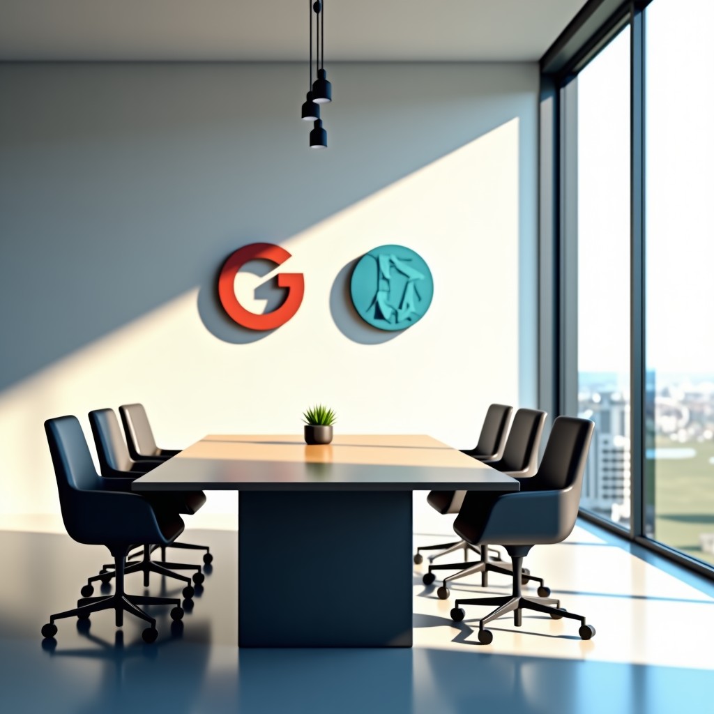 A modern minimalist boardroom with abstract logos representing global tech giants, natural sunlight coming through large windows, clean and professional atmosphere, 4:3
