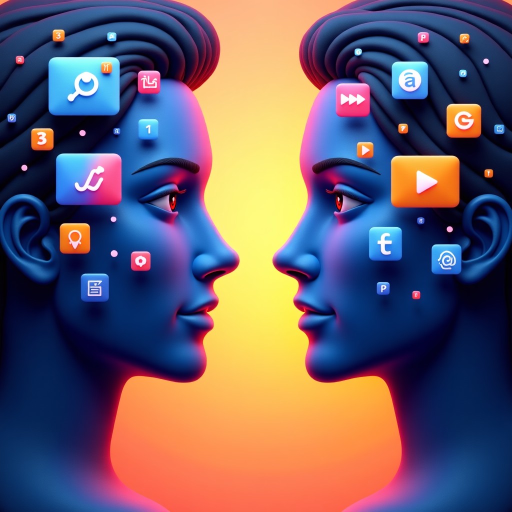 A detailed composition showing symbolic elements of two major tech giants facing each other. Abstract representations of digital video streams and creative tools floating between them. Modern layout, vibrant colors, professional finish, 4:3.