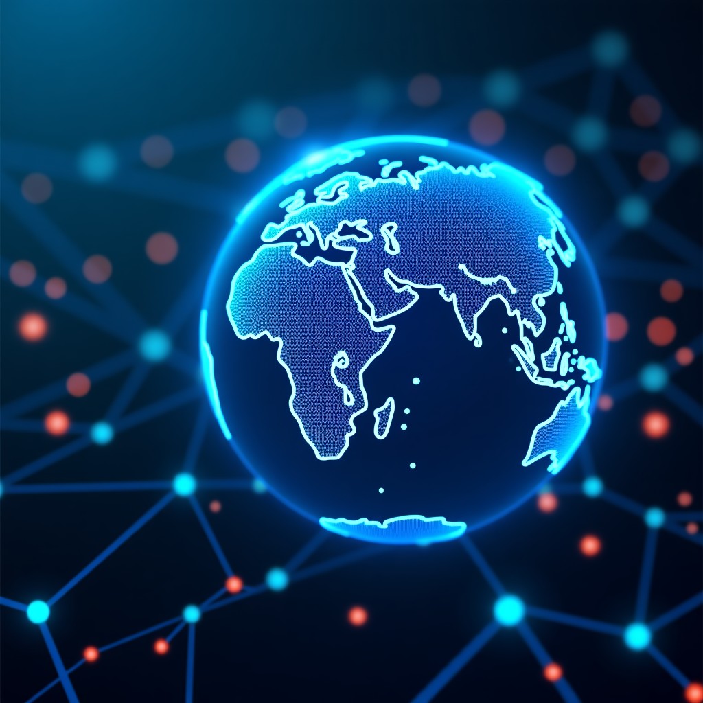 A complex network of glowing nodes and connections covered by a translucent digital shield, representing global cyber defense and infrastructure protection, high tech aesthetic, 4:3