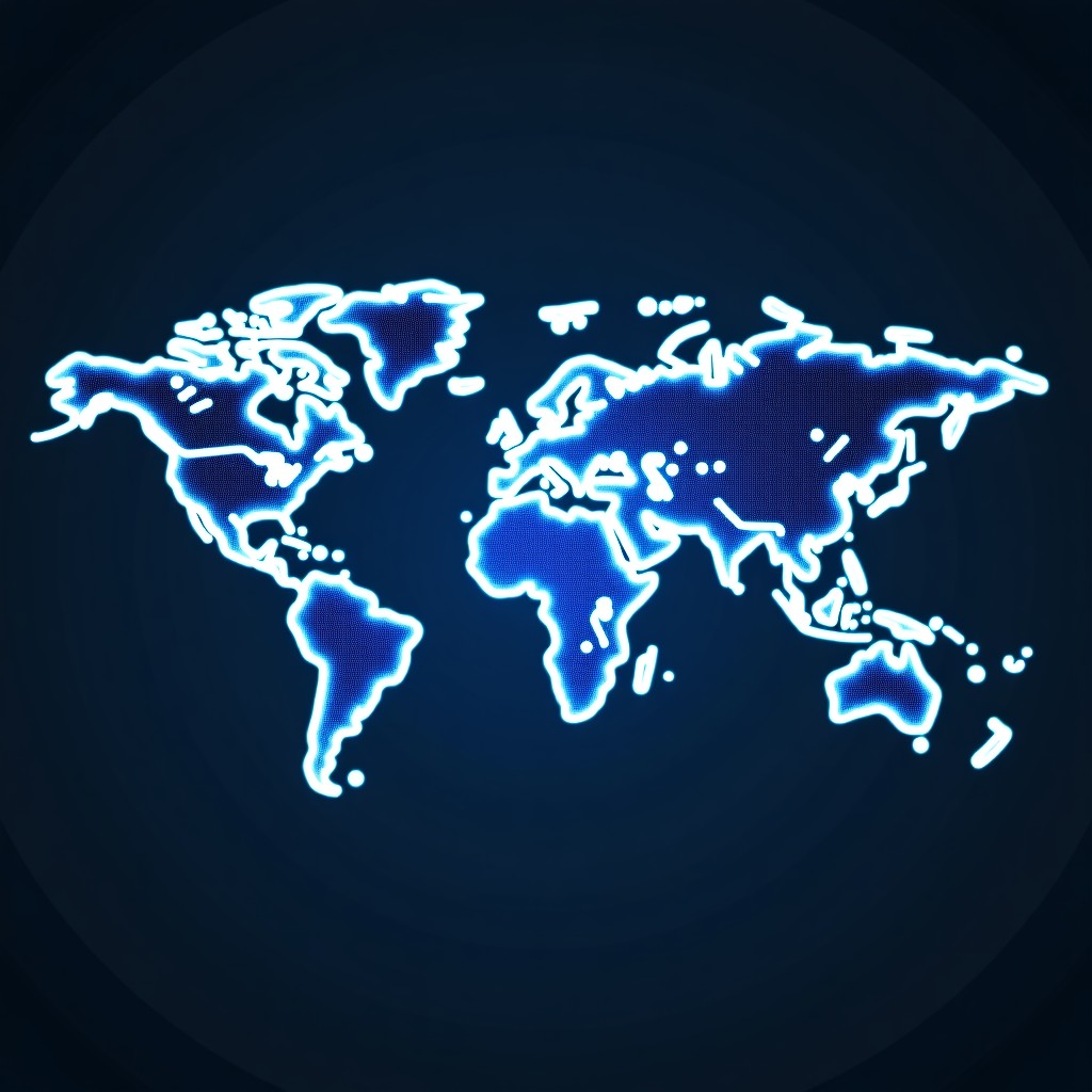 Stylized digital world map with glowing light trails representing data flow, fiber optic themes, deep blue background, professional infographic style, 4:3