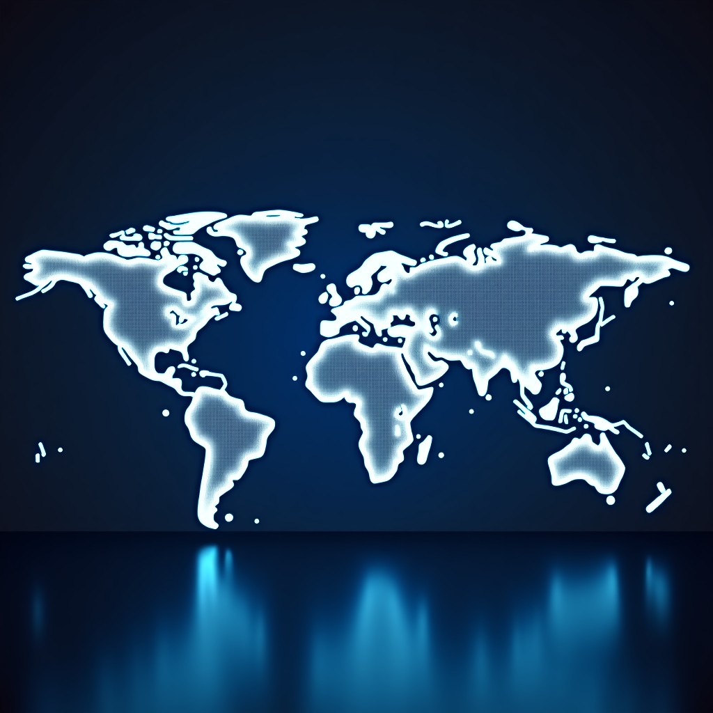 A world map with various regulatory icons and glowing connection lines. A sense of global legal pressure on a technology company. Modern illustration, professional and clean. 1:1