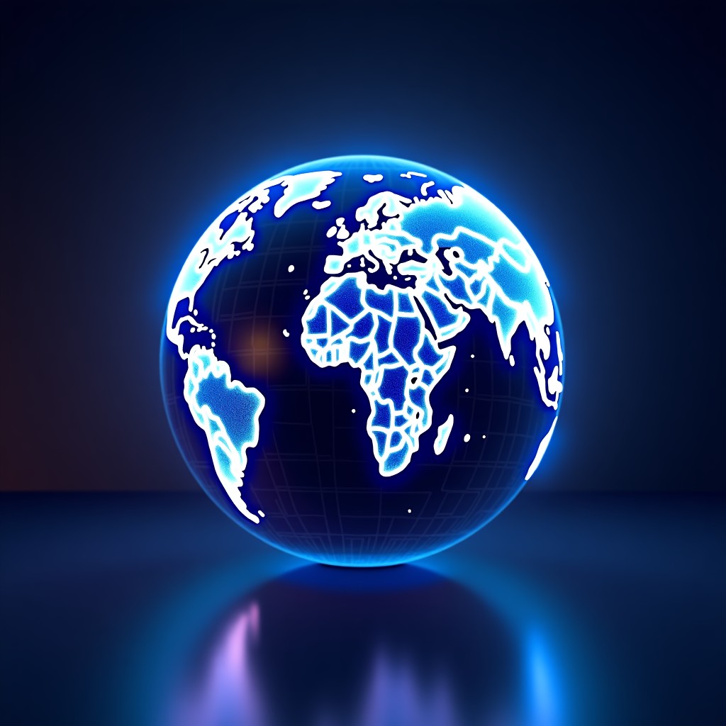 A futuristic digital globe with glowing connections representing global cybersecurity network, high contrast blue and purple tones, neon lighting, wide view, 1:1