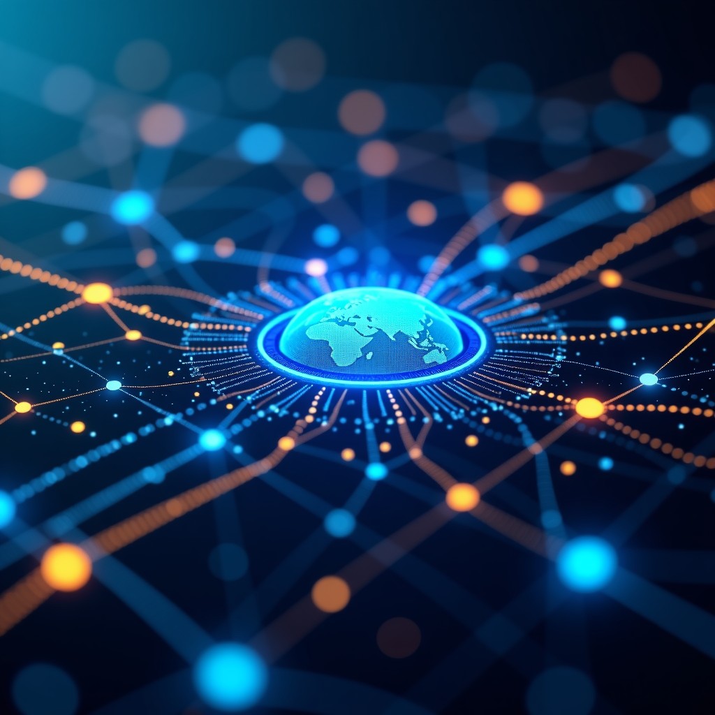 A futuristic digital neural network glowing with blue and gold light, representing a global artificial intelligence infrastructure, sleek and modern tech environment, high contrast, 4:3