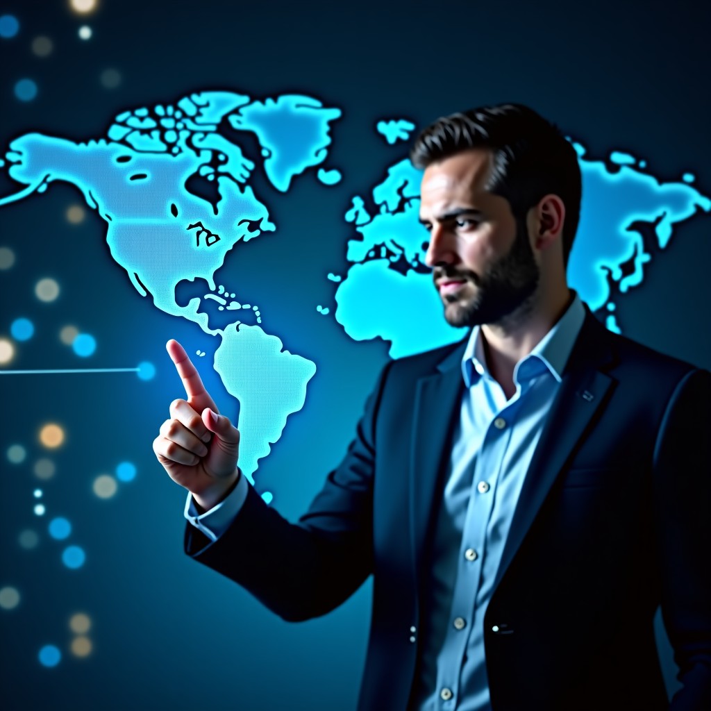 A professional executive interacting with a glowing holographic interface showing global data networks and connections in a dark blue environment. 1:1