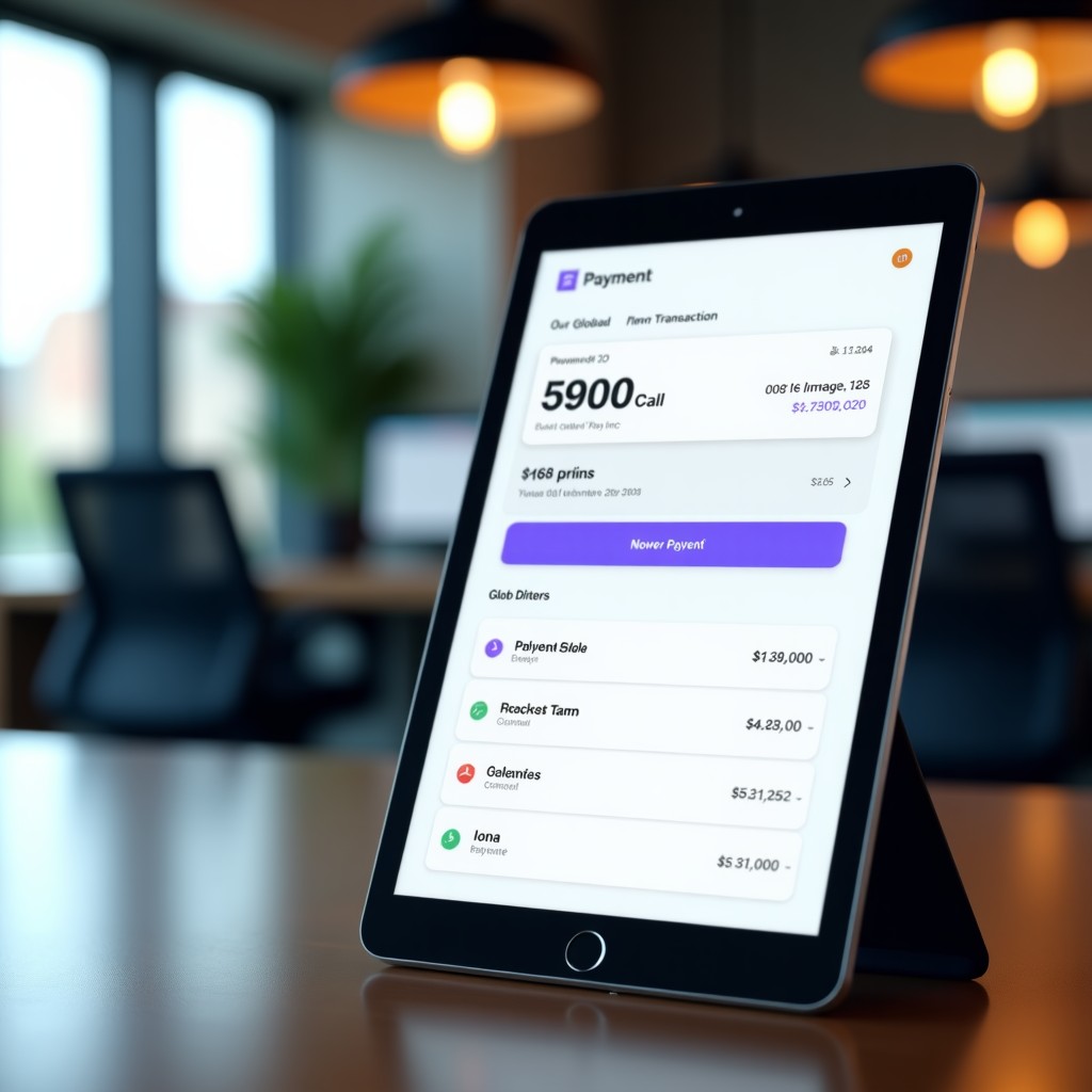 A modern and clean digital payment interface showing global transaction data on a sleek tablet screen. The background is a professional office environment with soft lighting. No text. 4:3