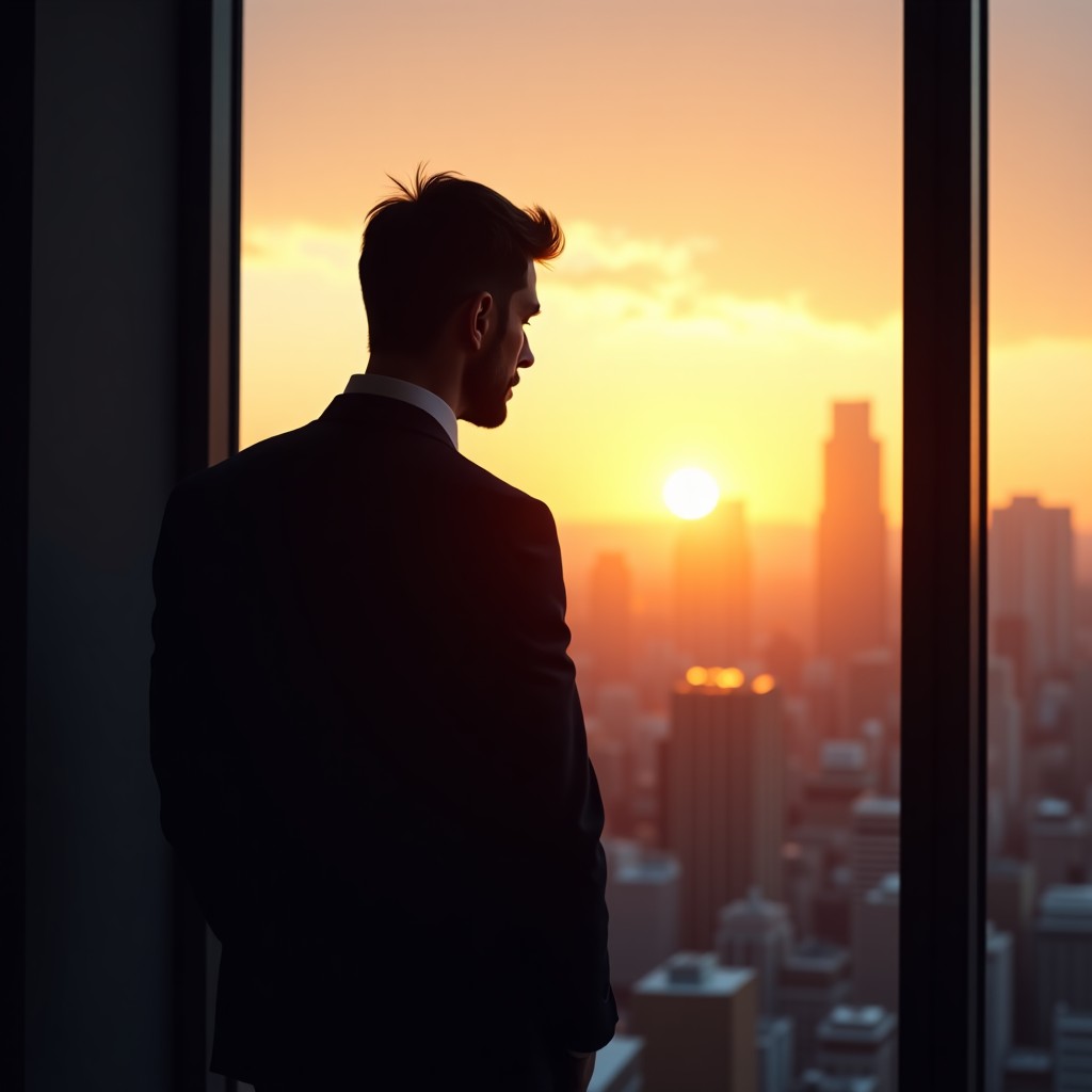 A silhouette of a business executive looking out of a skyscraper window at sunset, symbolic professional environment, serious atmosphere, cinematic lighting, no text, 4:3