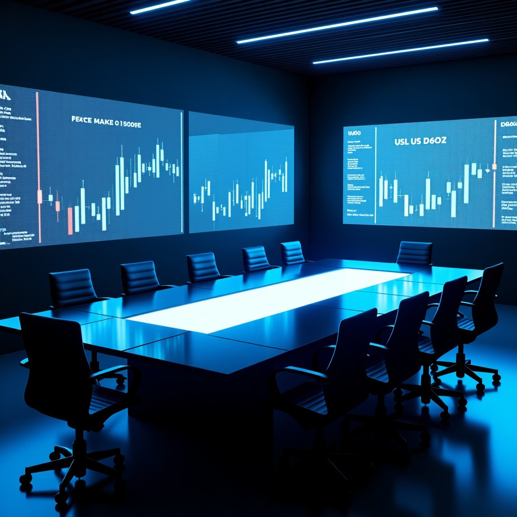 A cinematic high-angle shot of a high-end corporate boardroom table with digital screens showing stock market data of media companies, intense and professional atmosphere, modern office lighting, 4:3
