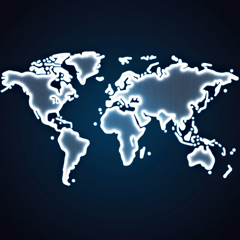 A digital world map with interconnected glowing data lines representing global network strategy 4:3