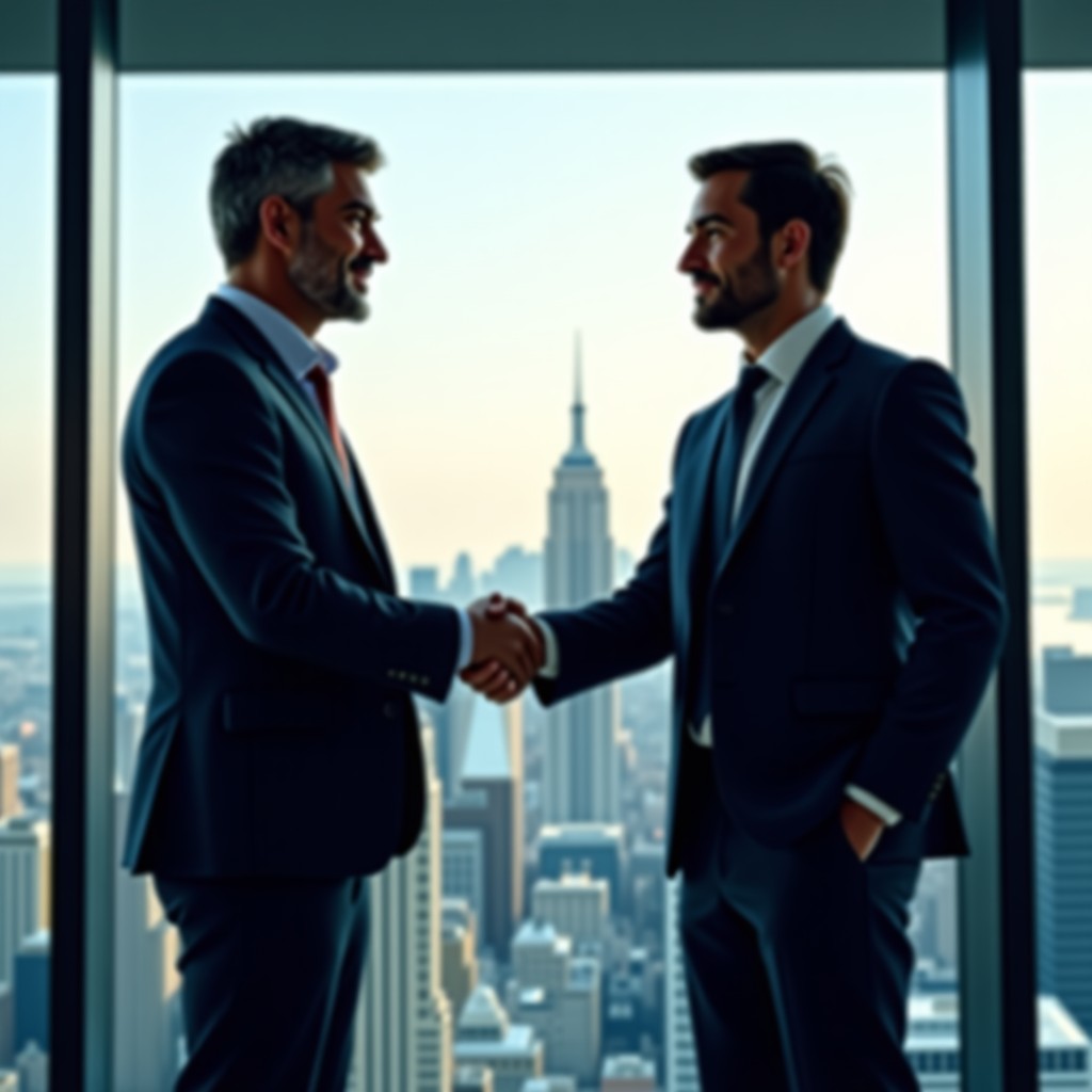 Two professional business people shaking hands in a modern glass office building with a city skyline in the background. The scene represents a successful global investment deal and partnership. Professional lighting. No text. 4:3