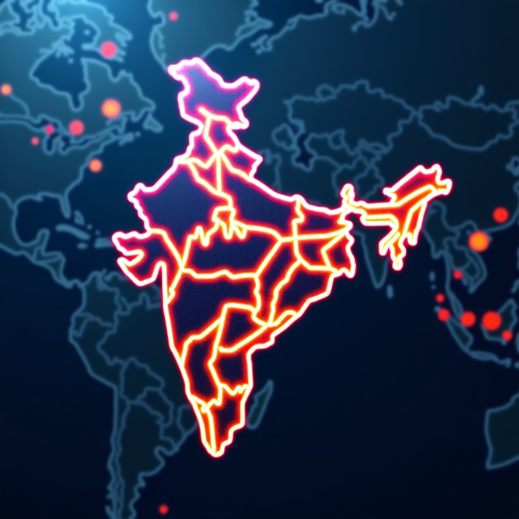 Concept art showing the collaboration between global technology giants and India. A digital map of India connected to glowing network nodes representing major tech companies. Professional corporate style with a sense of scale and global connectivity, 4:3