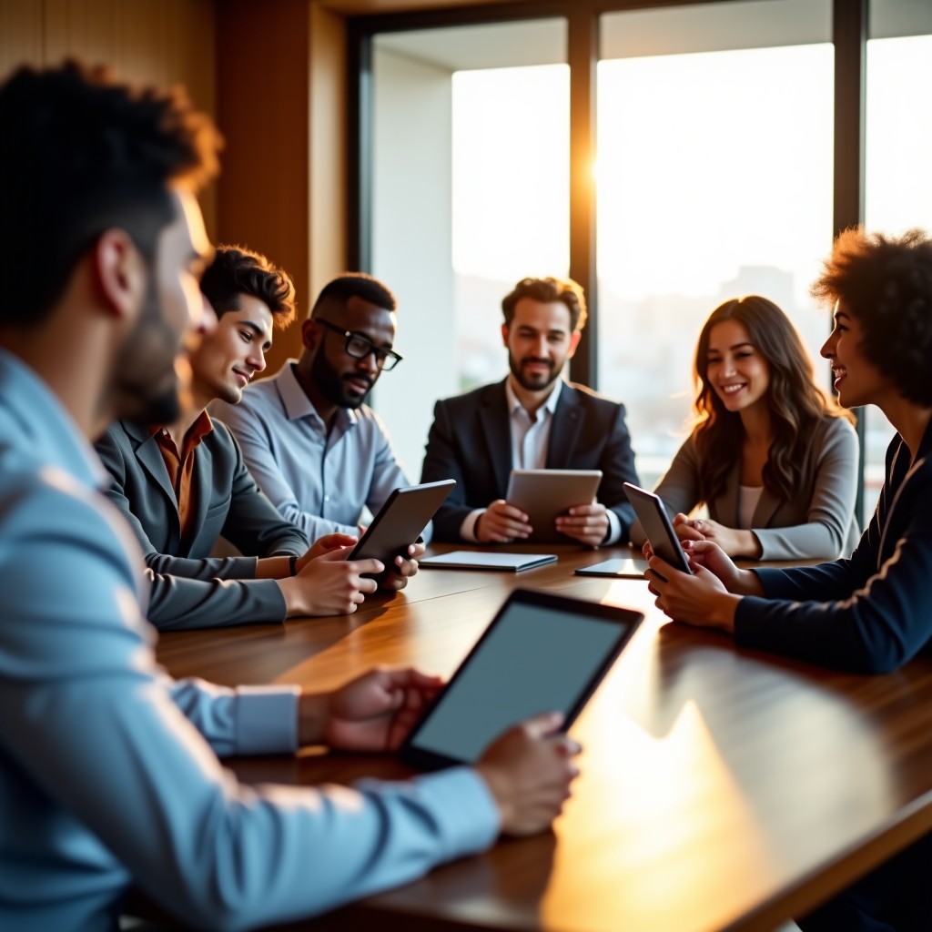 Diverse leaders from Asian and African countries sitting in a modern conference room discussing technology, digital tablets on the table, warm natural lighting, 4:3