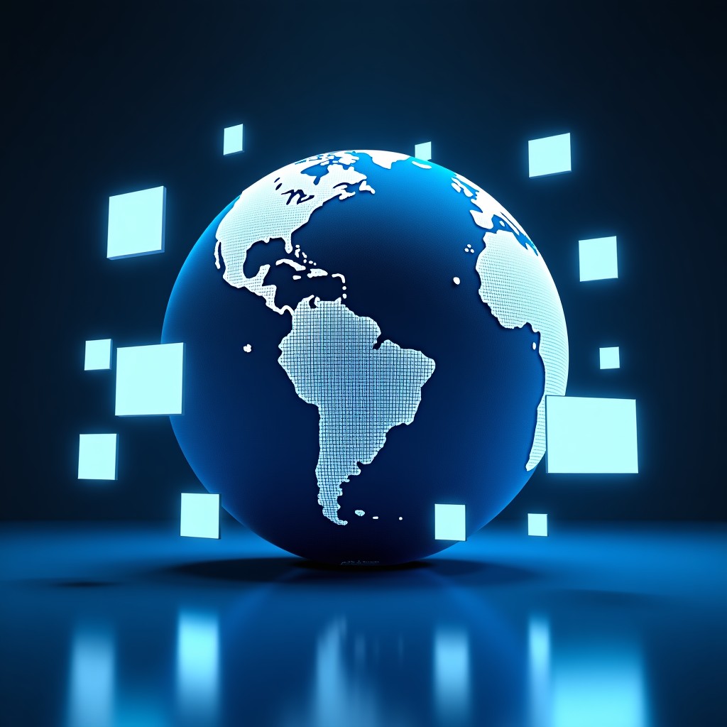 A conceptual 3D render of a globe surrounded by floating high-tech television screens and digital data streams representing global market reach. 4:3