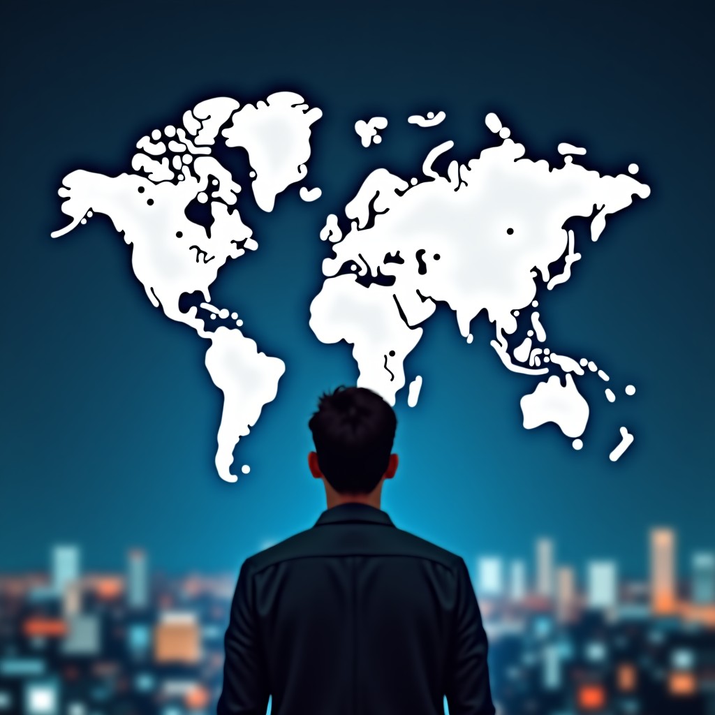 A person looking at a digital world map projected in the air with various social media and business metrics floating around. High-tech, optimistic atmosphere, soft glowing colors. 4:3