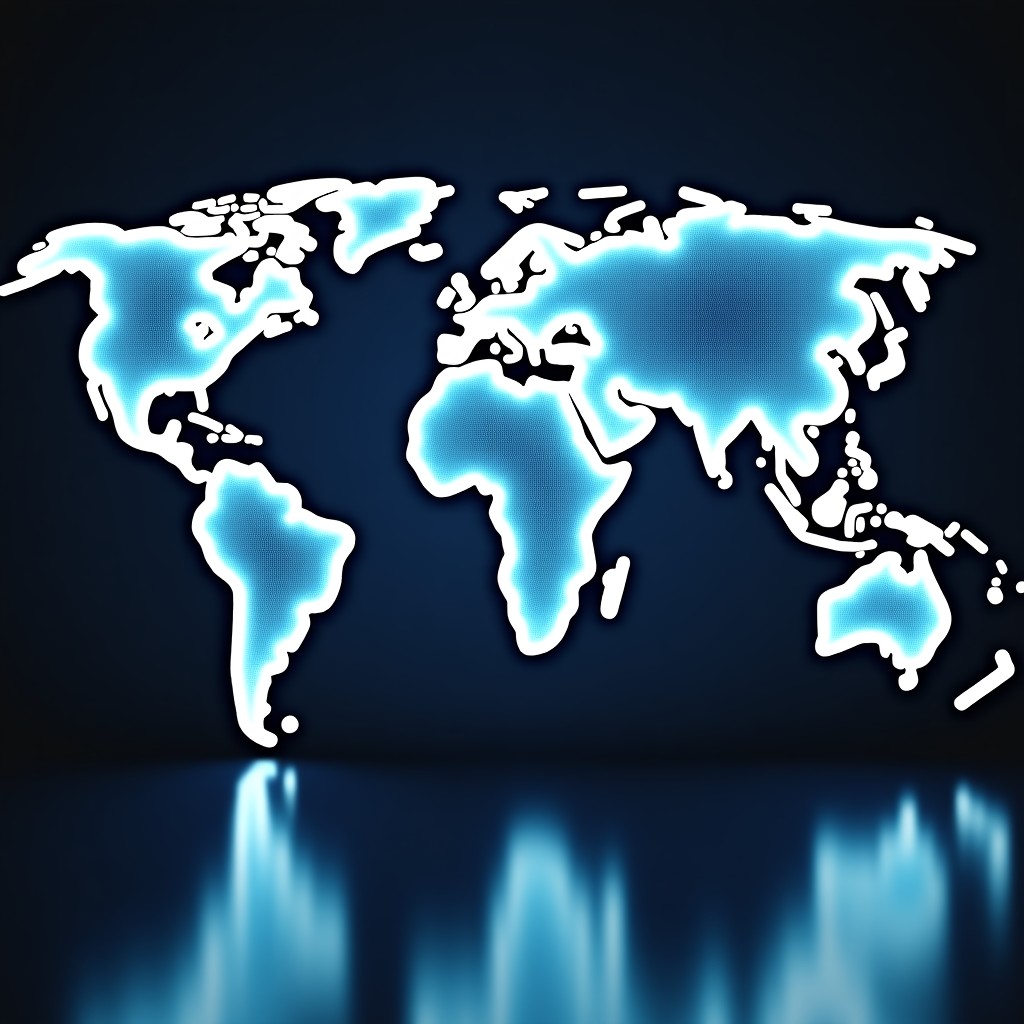 A world map on a digital screen with glowing lines connecting India and the United States, representing global expansion and investment flow, futuristic style, 4:3