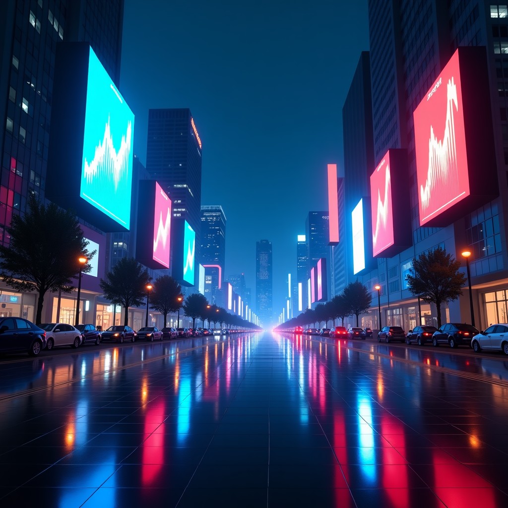 A wide shot of a modern city at night with digital screens displaying upward trending graphs and the Google colors, cinematic lighting, 4:3