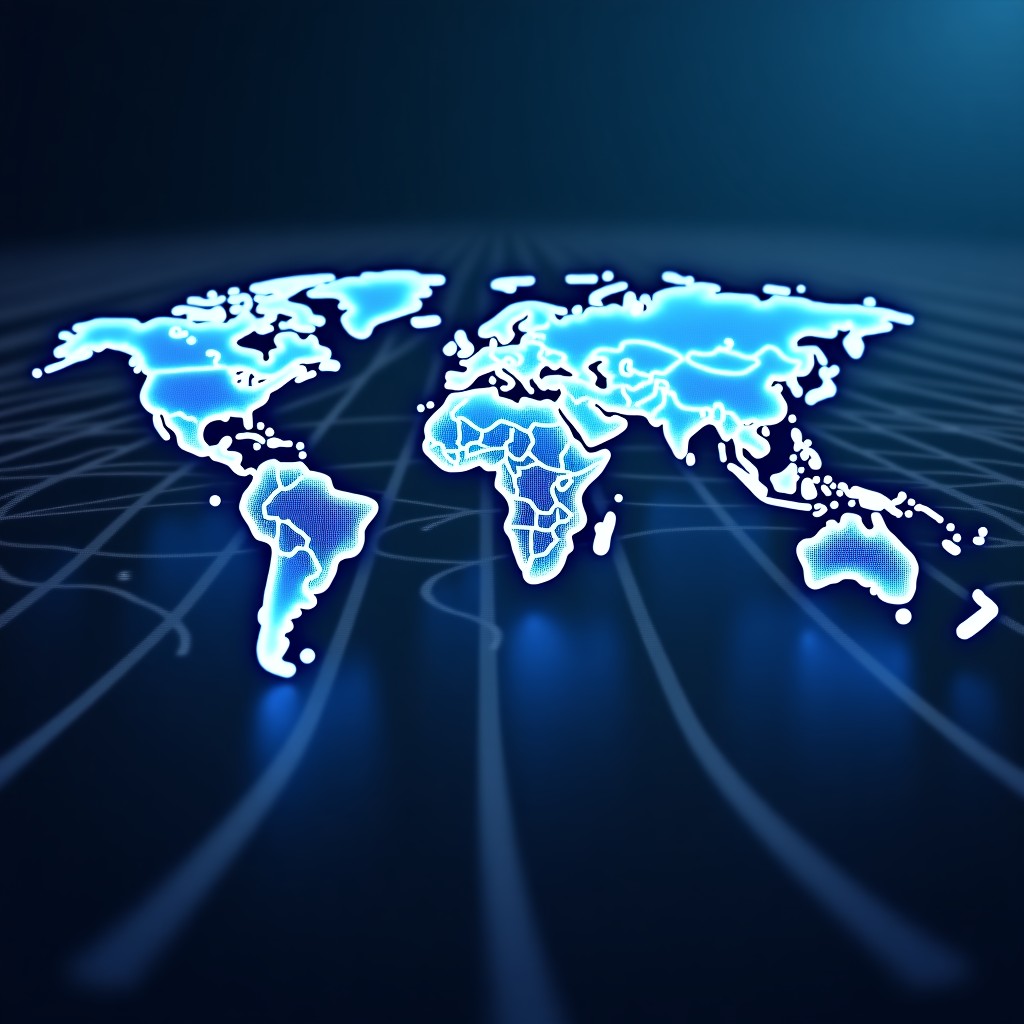 Conceptual illustration of a global digital network connecting data centers across continents, glowing light trails, deep blue background with holographic elements, clean and professional design, 4:3