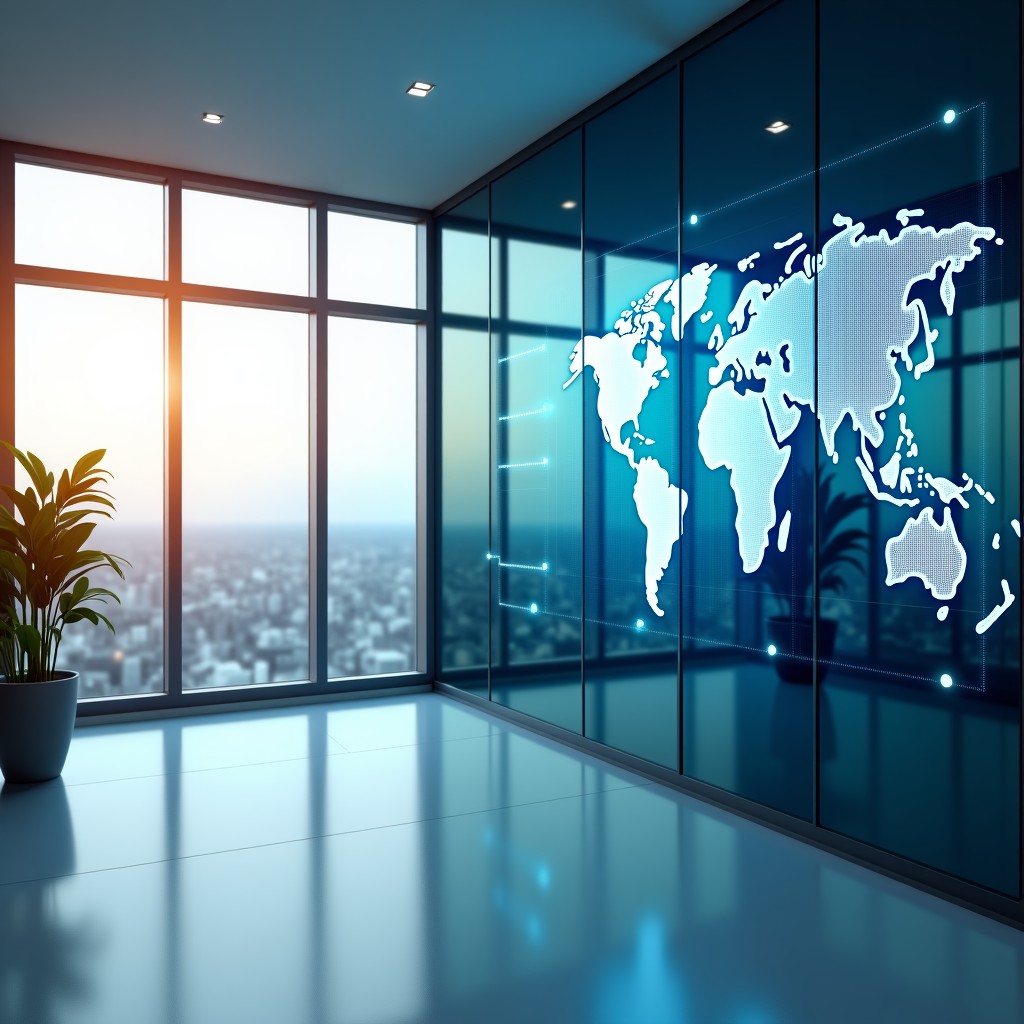 A modern glass building office interior with a digital representation of a global network connecting to a central point in New Delhi. Clean professional look, bright natural lighting, no text. 4:3