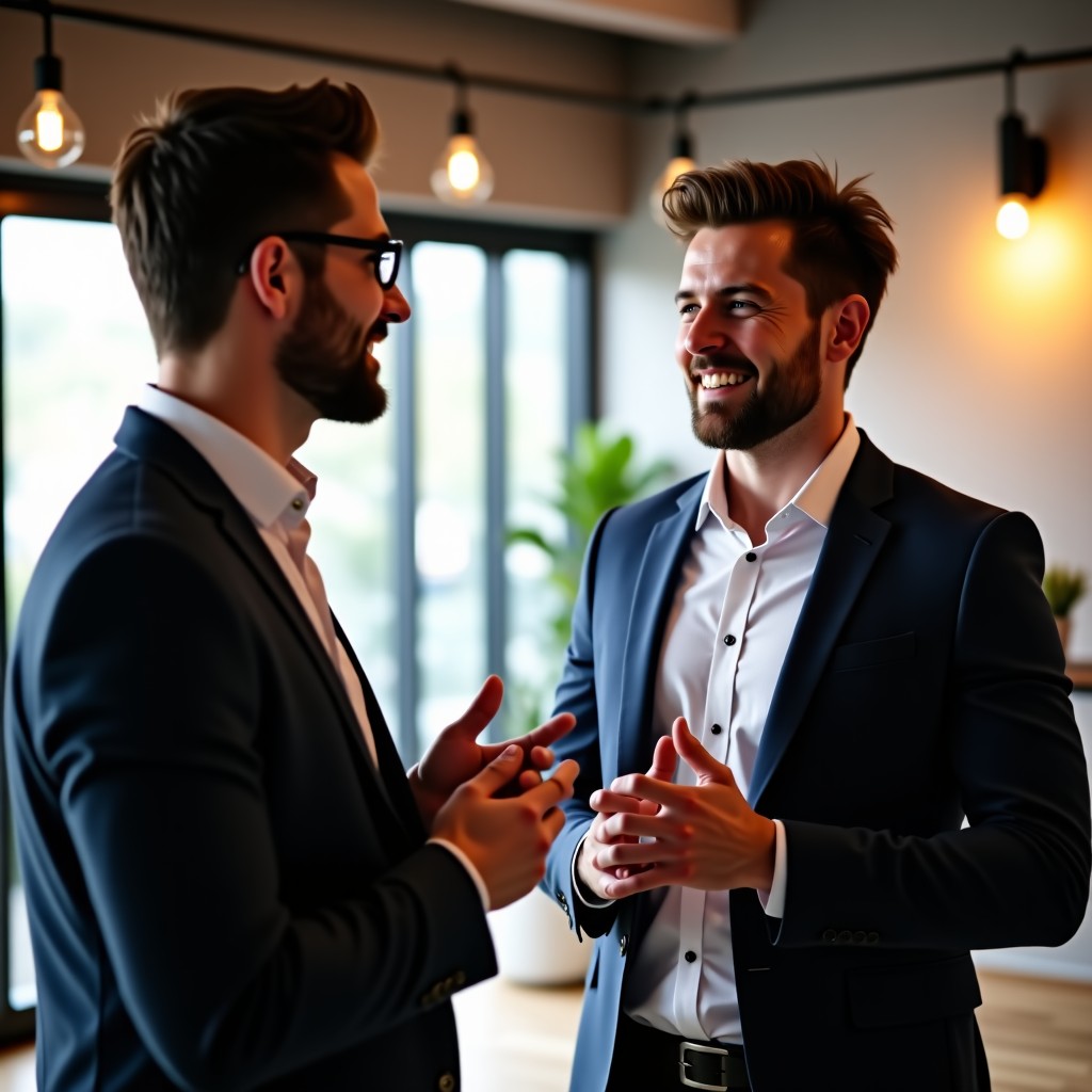 Professional business networking session, two entrepreneurs in smart casual attire discussing ideas, modern indoor lounge background, warm soft lighting, 4:3