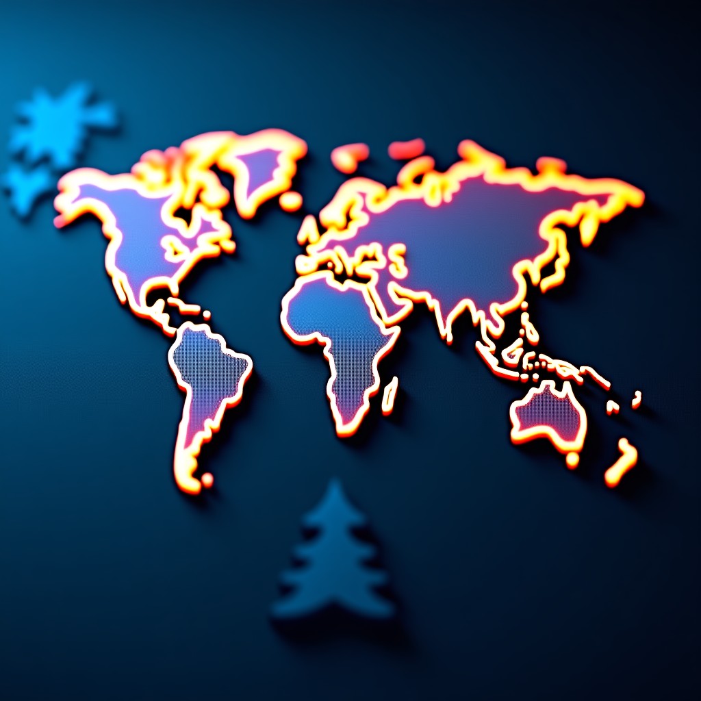 A detailed composition of a glowing digital network map connecting various world cities like Silicon Valley, Stockholm, and Sao Paulo, high contrast, blue and gold tones, 4:3