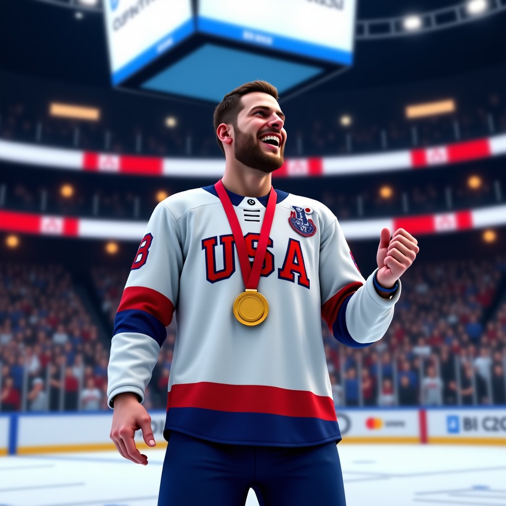A professional ice hockey player in a USA national team jersey wearing a gold medal around his neck, cheering inside a crowded Olympic arena, cinematic lighting, 4:3