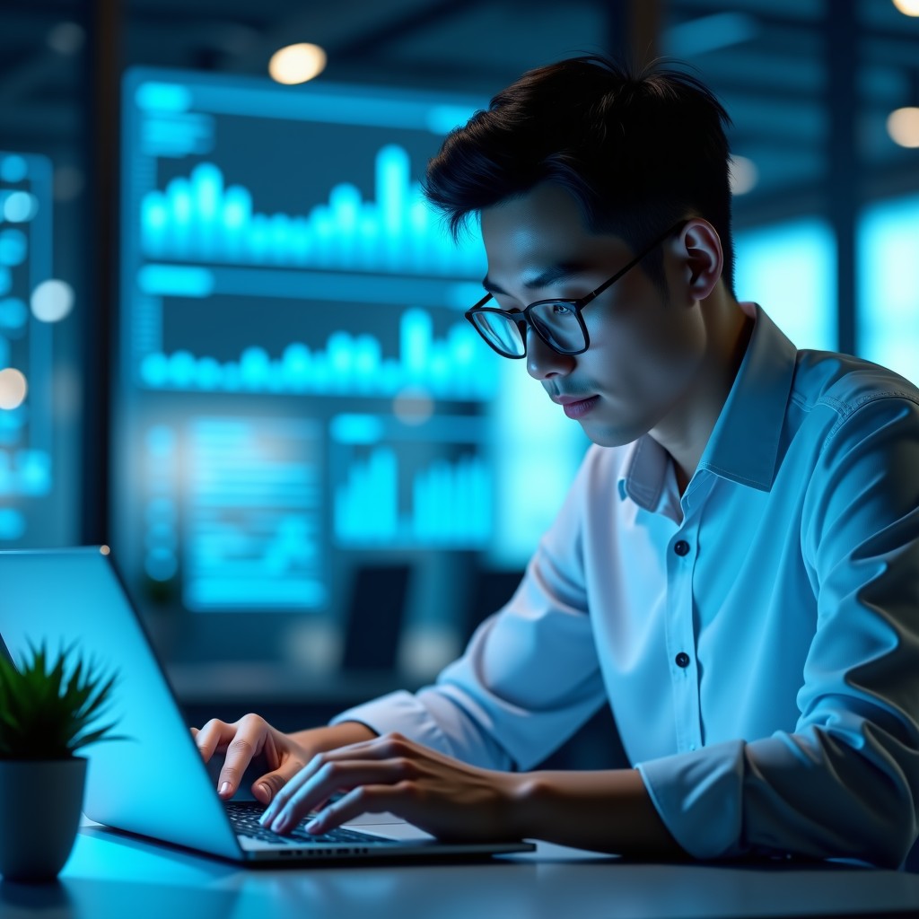 A professional South Korean male financial analyst working on a laptop in a modern high-tech office. Holographic spreadsheet data and glowing financial charts are floating in front of him. The atmosphere is futuristic yet professional, with soft blue and white lighting. High quality photography style, sharp focus. 4:3