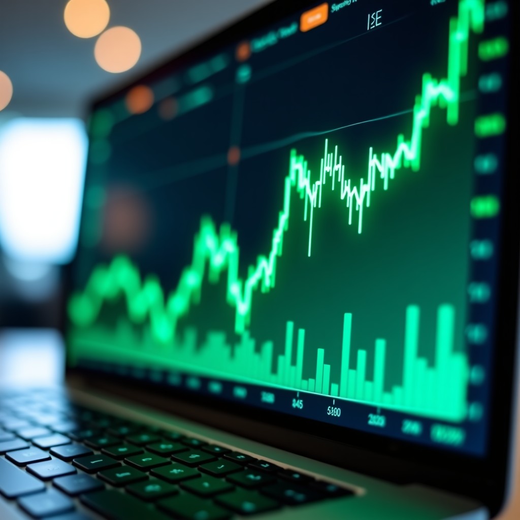 A professional digital screen displaying a rising stock market graph with glowing green lines, clean financial interface, modern corporate office background, soft bokeh, 4:3