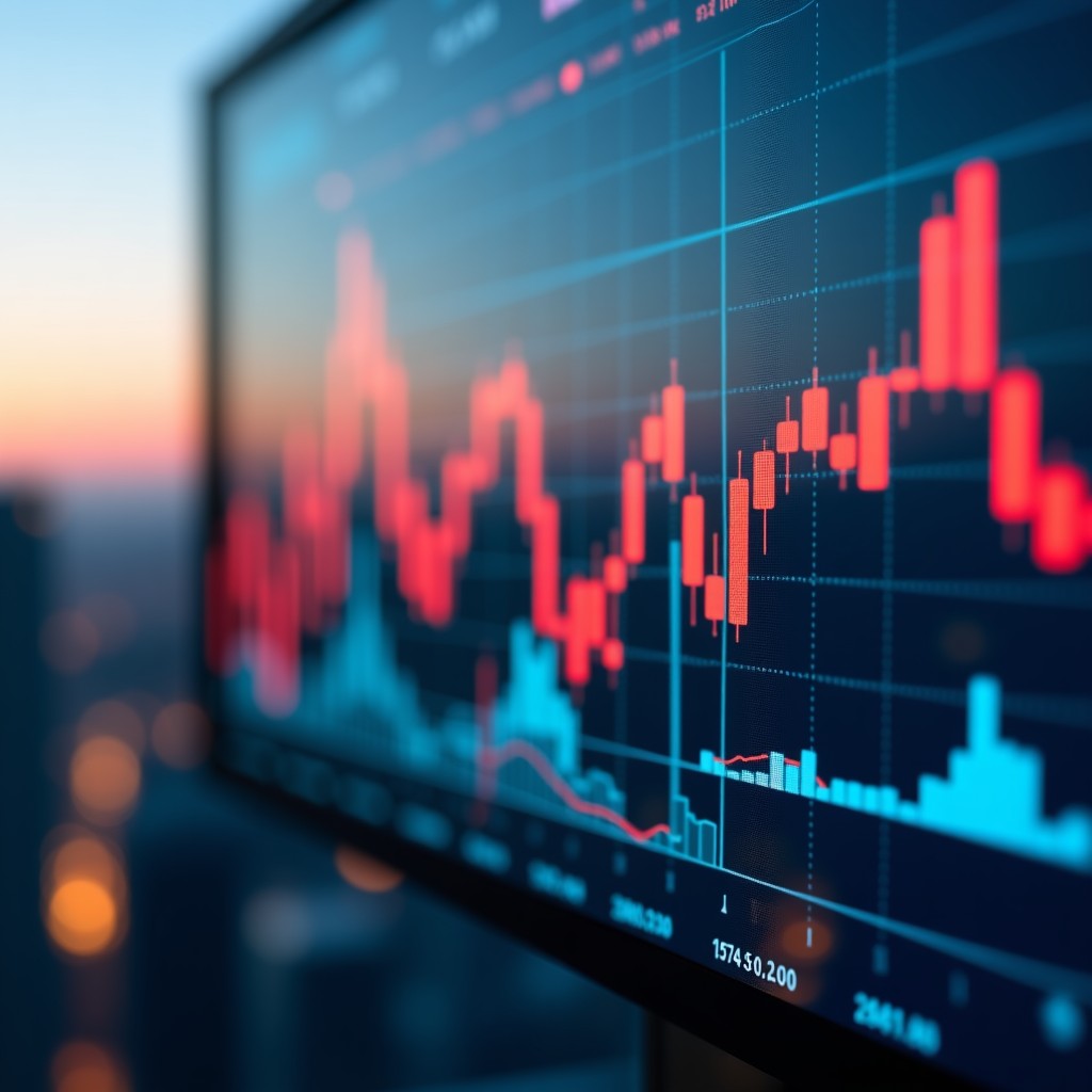 Close up of digital financial market stock charts with a blurred evening city business district background, warm and professional lighting, realistic photography, 4:3
