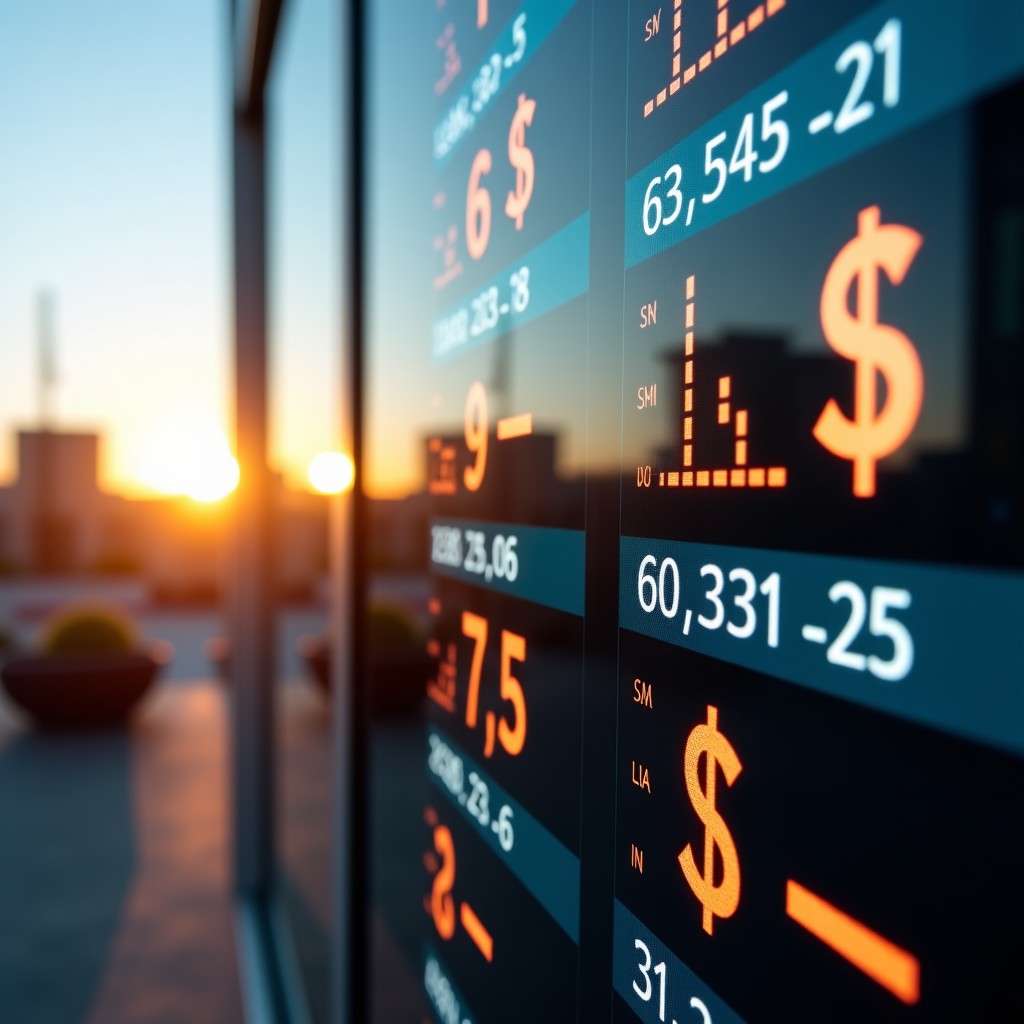 Close-up of a glass building reflecting stock market tickers and dollar symbols, golden hour lighting, professional financial aesthetics, high resolution, 4:3