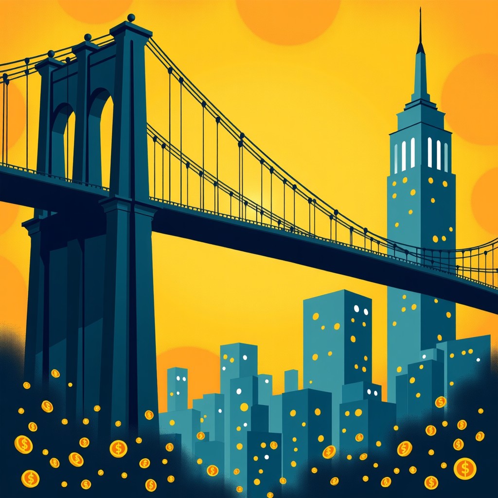 A stylized illustration showing a bridge connecting a skyscraper in Wall Street to the Pentagon building. Golden coins and digital data streams are flowing across the bridge. Textured background, artistic rendering, 4:3.