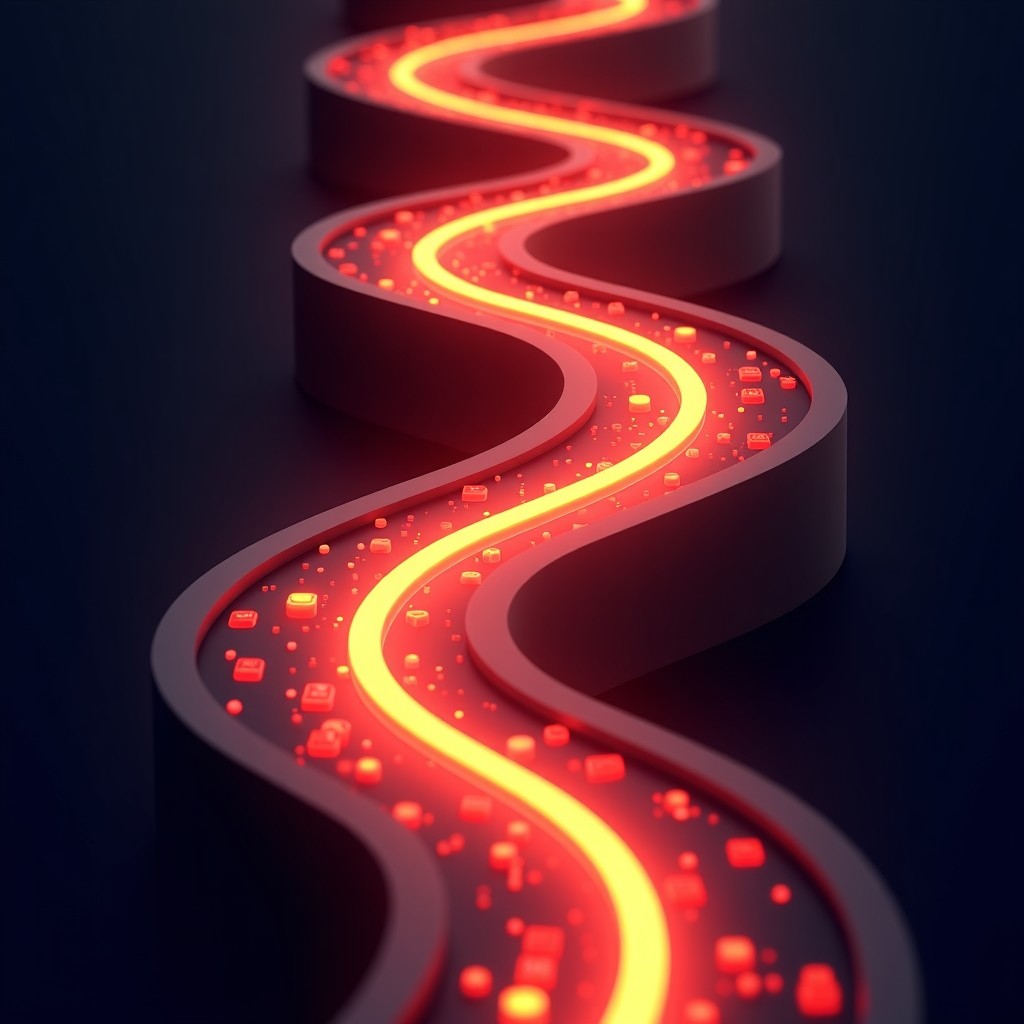 A conceptual illustration of a downward financial spiral with glowing digital lines representing AI algorithms, dark background, intense red and orange highlights, 1:1