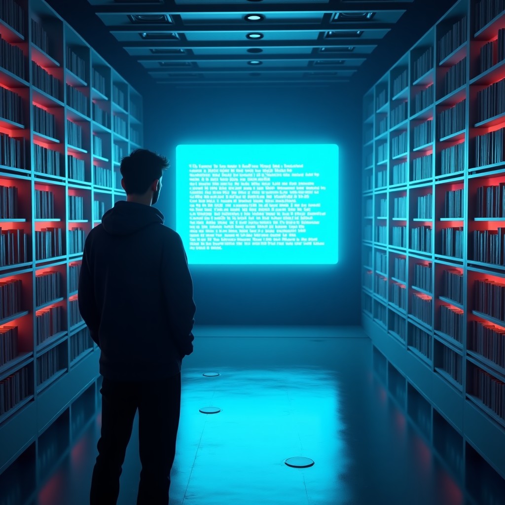 A futuristic library with a hologram showing incorrect text and a person looking at it skeptically. High contrast lighting. 4:3