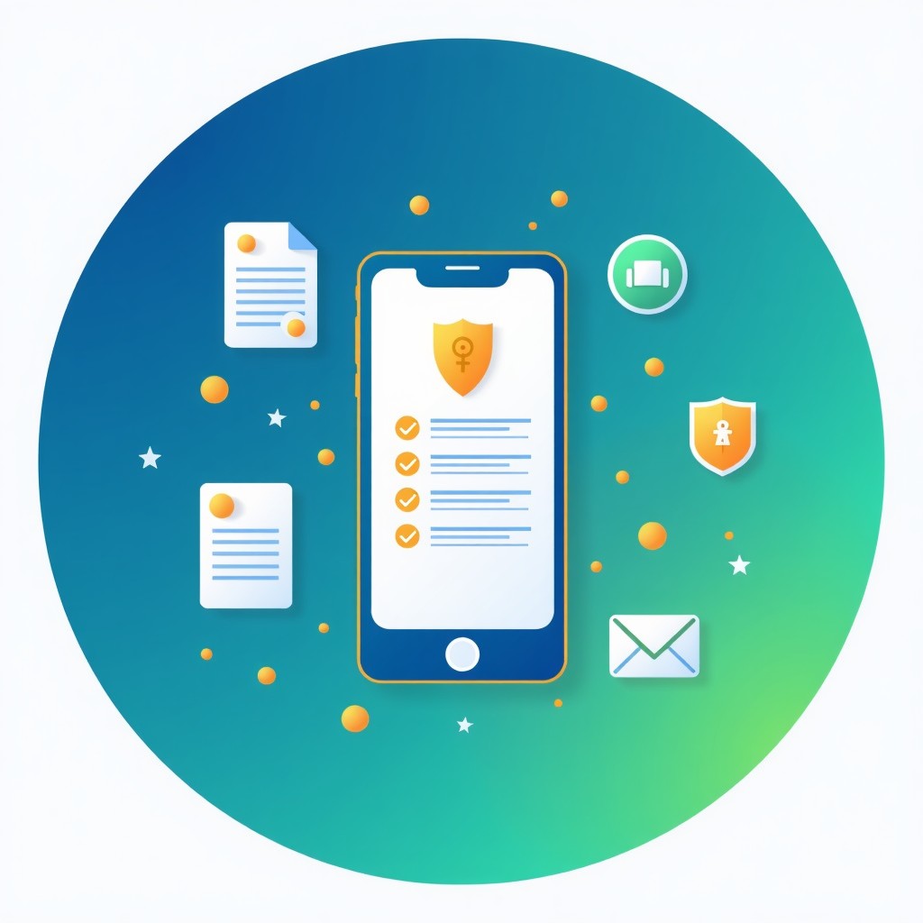 An infographic-style illustration showing data being encrypted and stored locally on a smartphone, clean layout, blue and green gradient background. 4:3