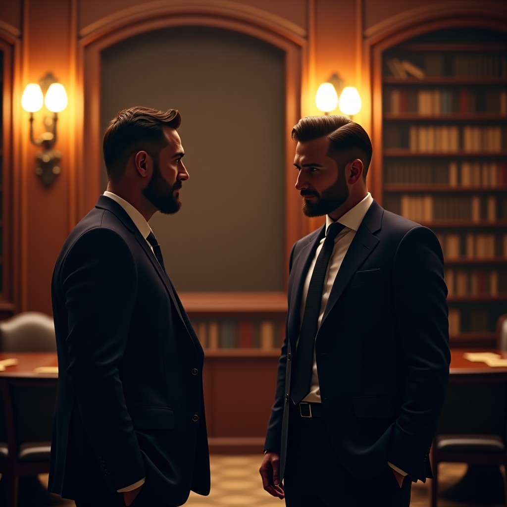 A realistic scene of powerful men in suits having a serious discussion in a luxurious private library with dim lighting, professional and mysterious atmosphere, 1:1