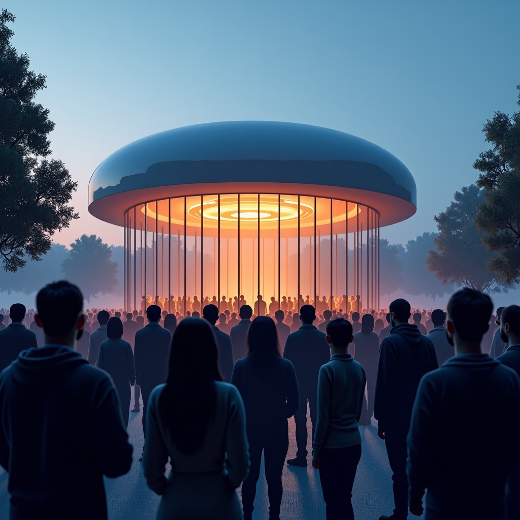 A crowd of people gathered outside a futuristic glass building at dusk, symbolizing a social movement, cinematic lighting, dramatic shadows, 4:3