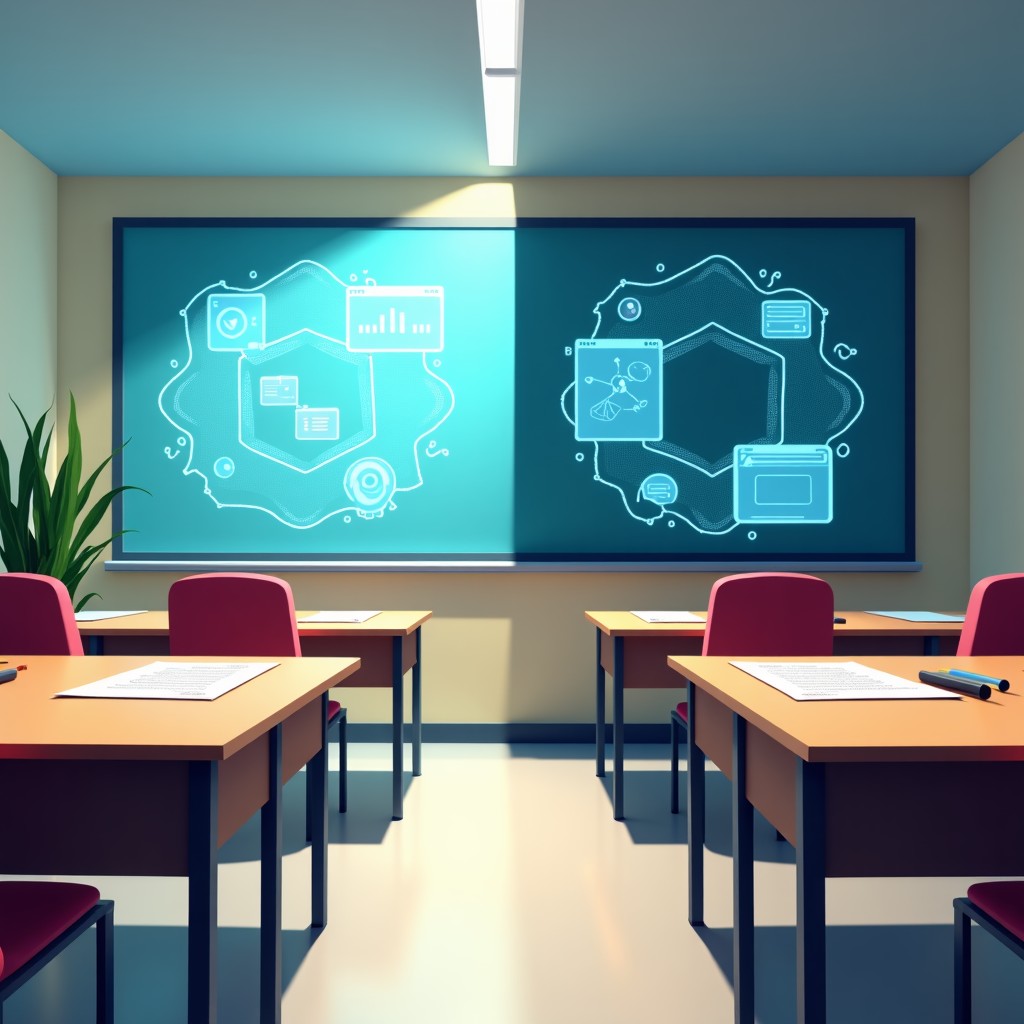 A conceptual illustration showing two different classroom environments. One is high-tech with AI tools and holograms, the other is traditional with only paper and pens. The contrast shows the widening educational divide. 4:3