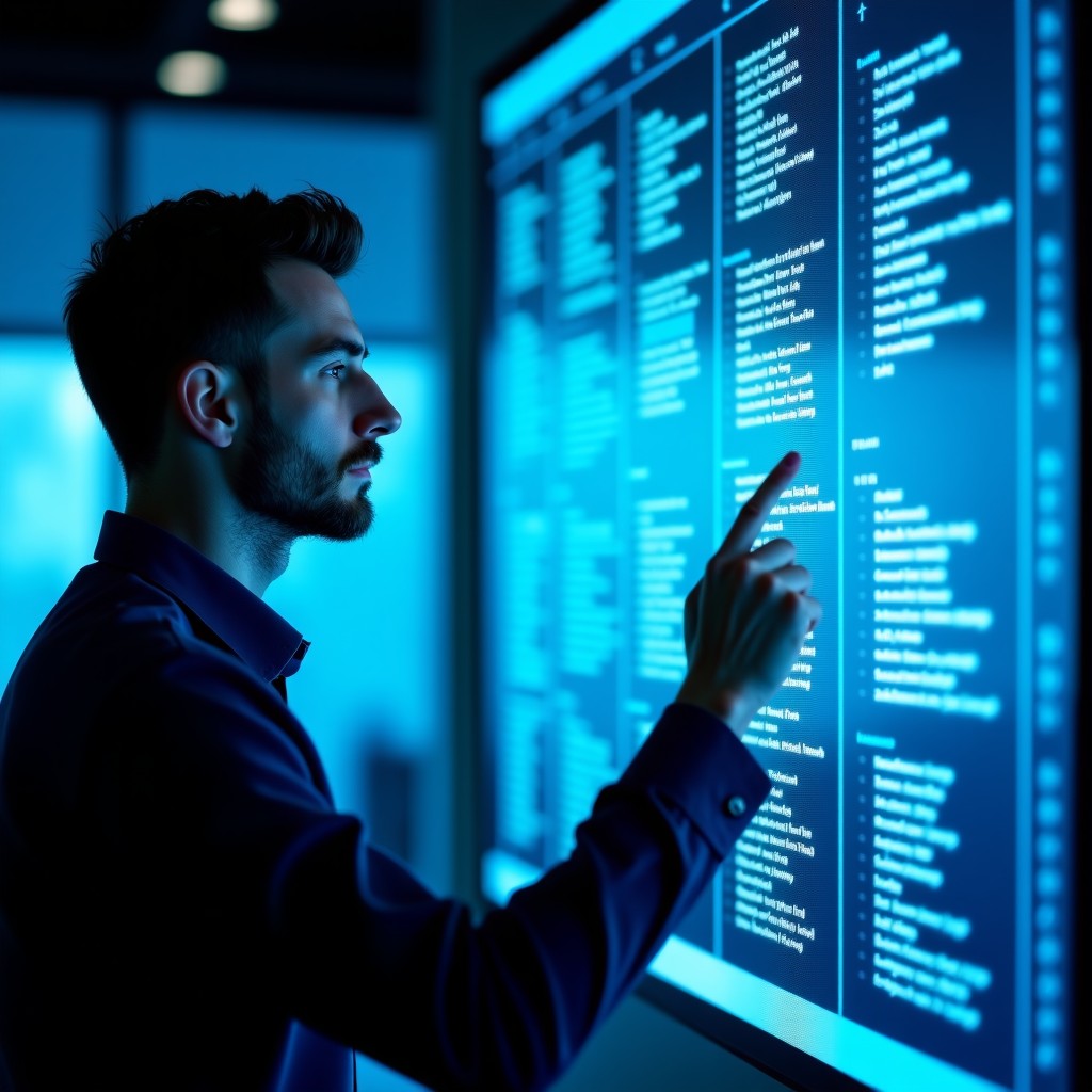 A professional technician analyzing complex data structures on a large transparent digital screen, thoughtful expression, modern office setting with blue ambient light, 4:3