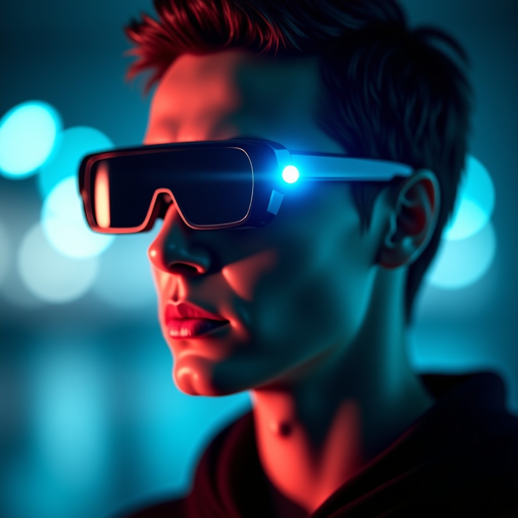 Conceptual image of a person wearing smart glasses with a small glowing blue light on the frame indicating recording mode, symbolic privacy protection theme, soft bokeh background, 1:1