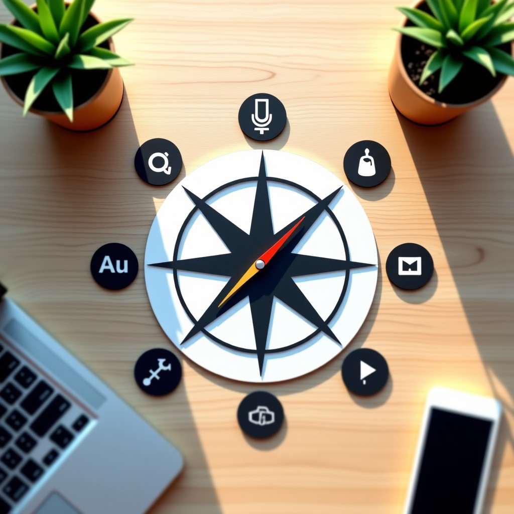 A top-down view of a modern tech compass pointing towards different software logos. Minimalist workspace, wooden desk background, soft natural sunlight, 4:3