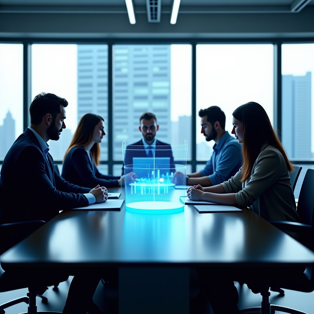 A diverse group of professional researchers and ethicists sitting around a conference table in a modern office, holographic data displays in the center, collaborative and serious atmosphere, natural lighting, 4:3