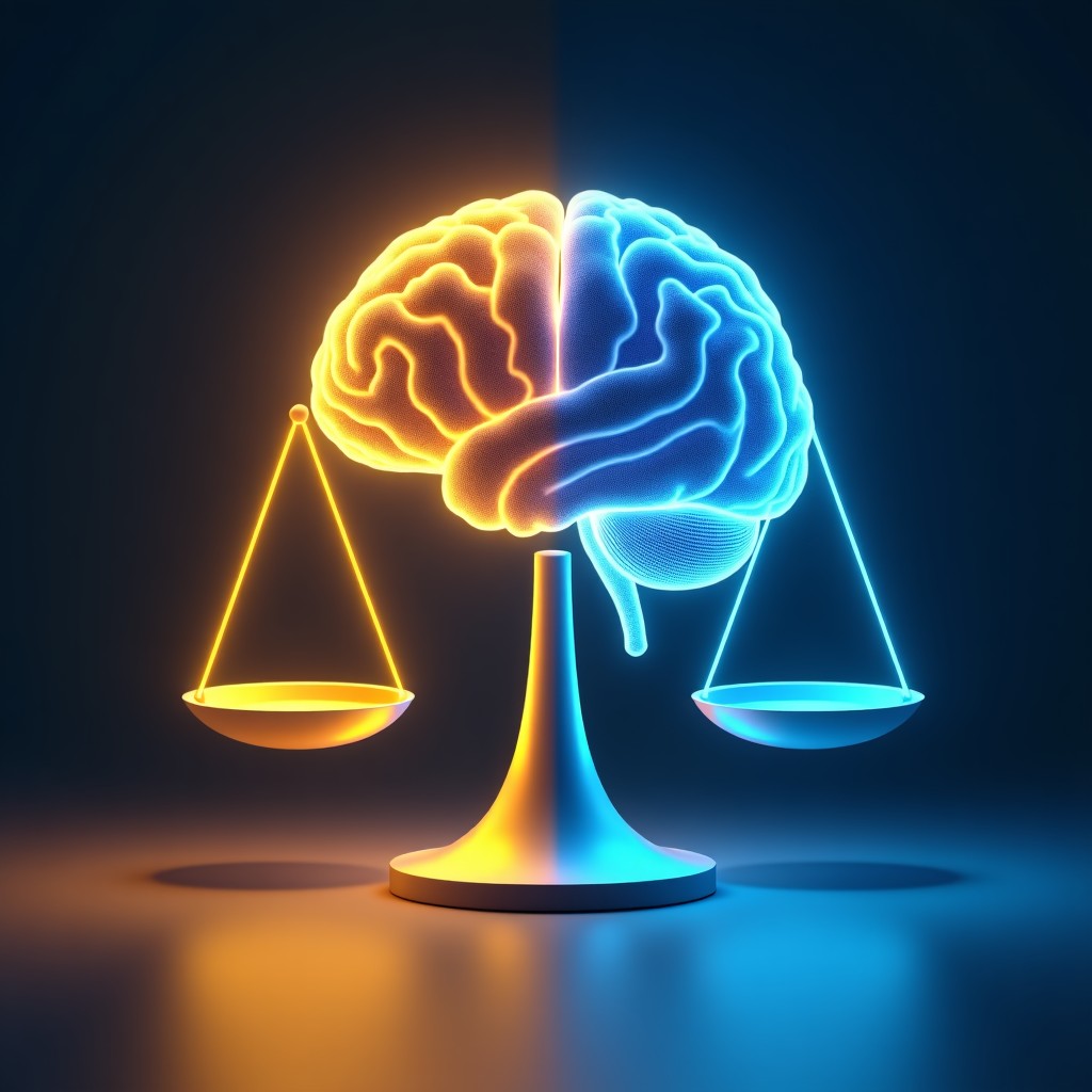 A conceptual illustration showing the balance between a digital brain representing AI and a scale representing justice and ethics. Warm golden light on one side and cool blue tech light on the other. 4:3
