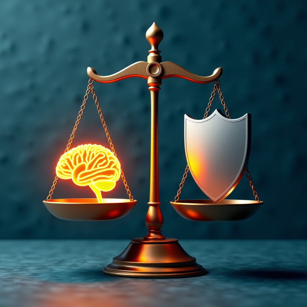 A conceptual illustration of a scale balancing a glowing digital brain symbol and a metallic shield symbol. Representing the balance between AI ethics and national security. Artistic rendering, textured background. 4:3
