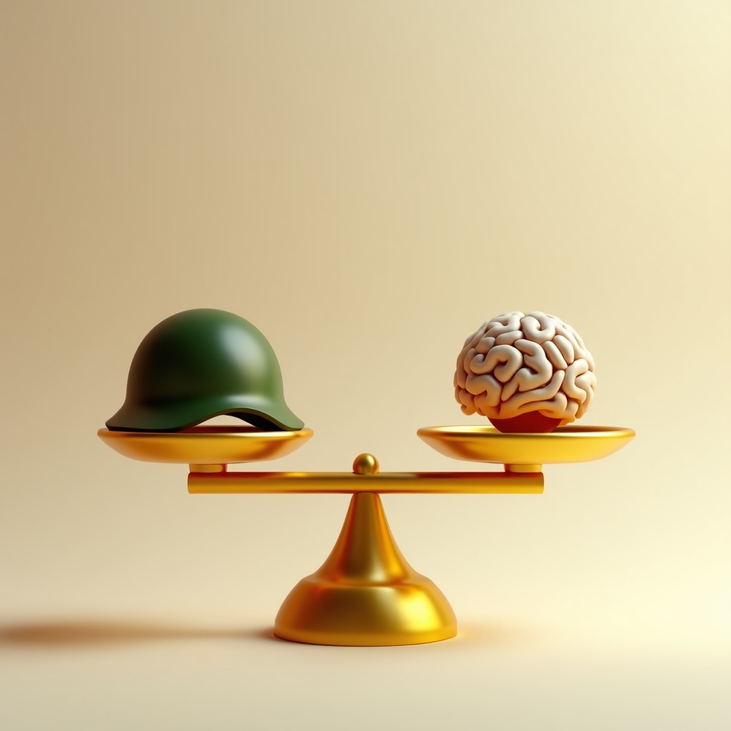 A conceptual 3D render of a golden scale balancing a military helmet and a digital brain icon, clean background with subtle gradient, 4:3