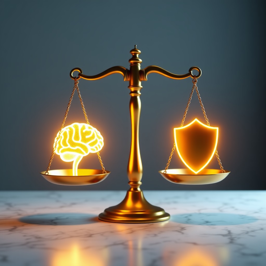A pair of professional scales balancing a glowing digital brain and a golden shield on a sleek marble table, soft studio lighting, minimalist professional atmosphere, 4:3