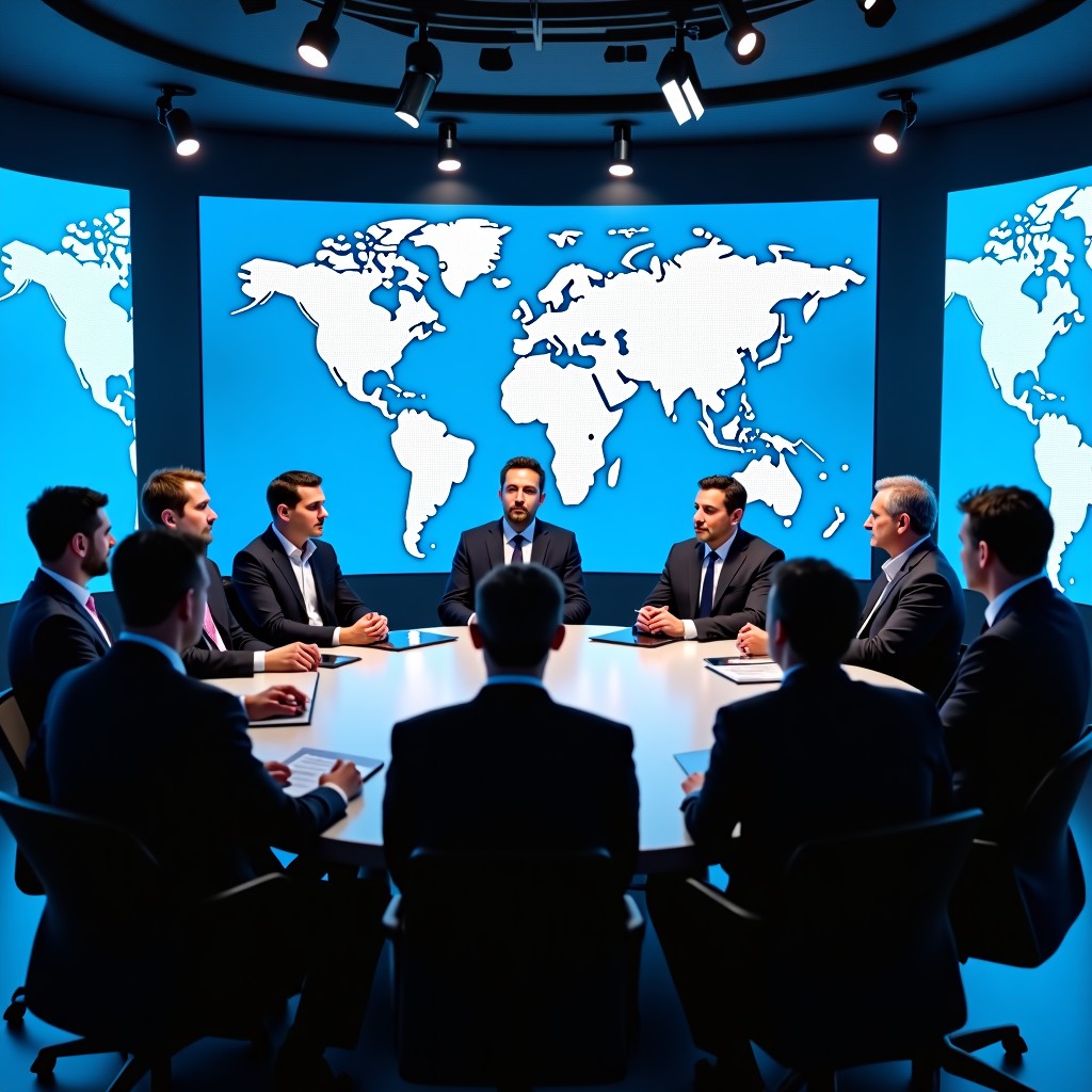 A group of diverse business leaders and policy makers engaged in a serious discussion in a futuristic conference room during a tech summit. Large digital displays in the background show global connectivity maps. 1:1
