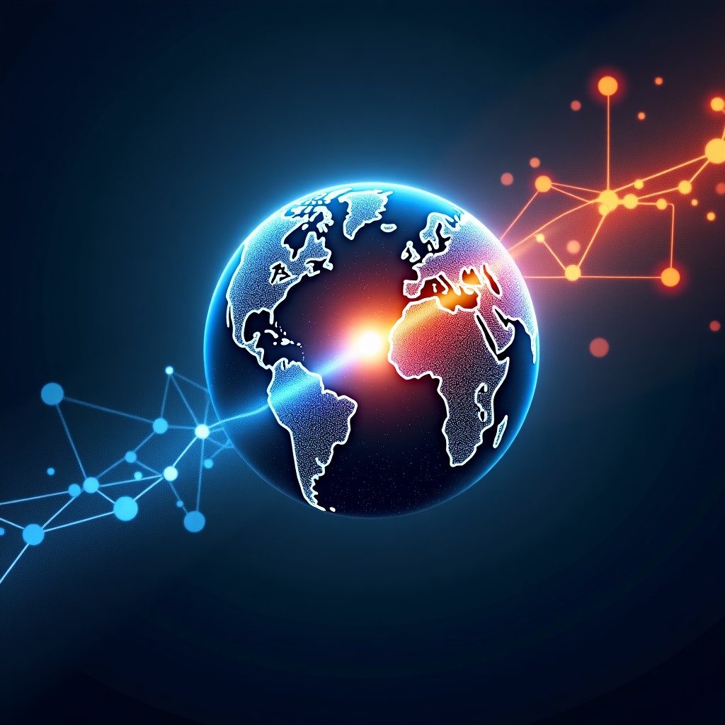 A symbolic representation of global technology competition with interconnected nodes representing India and Silicon Valley in a high-contrast digital world. 1:1